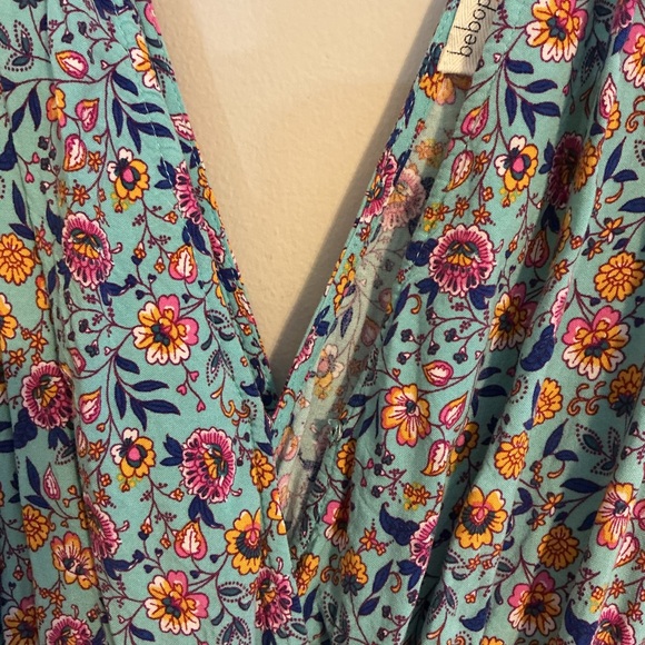 Bebop Boho Floral Sleeveless Romper | Turquoise Blue | Tassel Tie | Size Large - Picture 5 of 15